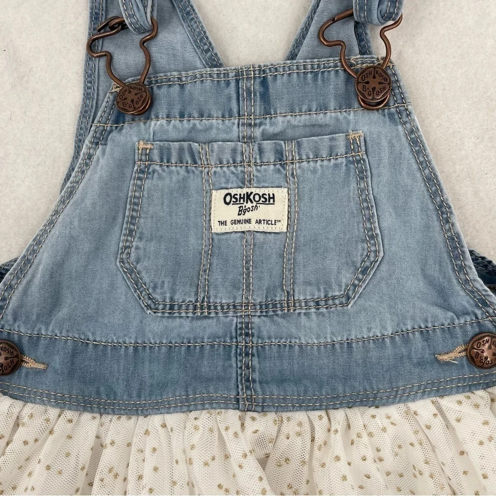 OSHKOSH B’GOSH Girls denim jean Overall Tulle dress polka dot sparkle gold 2T - Picture 3 of 6